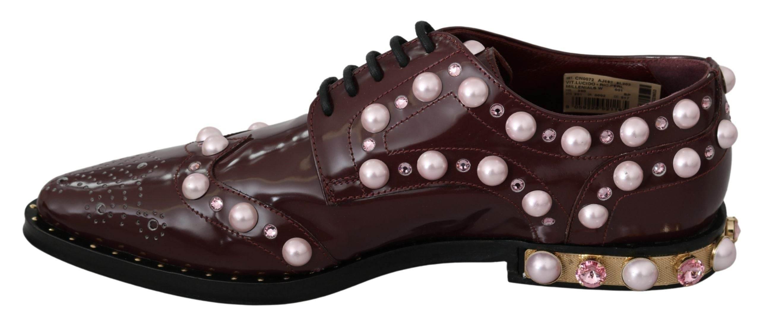 Dolce & Gabbana Elegant Bordeaux Lace-Up Flats with Pearls and Crystals - Hilstor