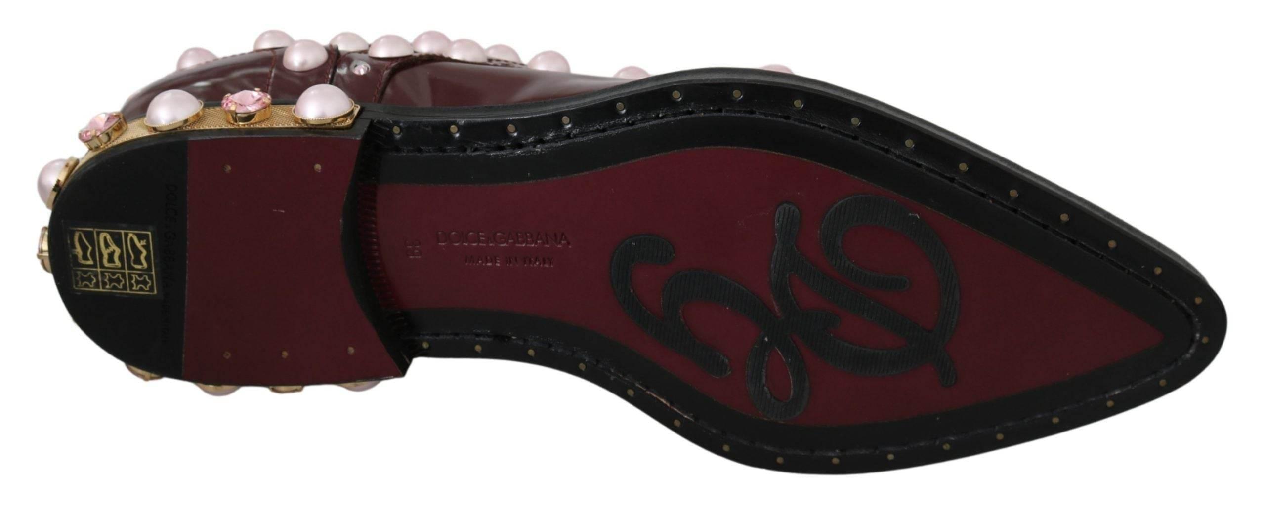 Dolce & Gabbana Elegant Bordeaux Lace-Up Flats with Pearls and Crystals - Hilstor
