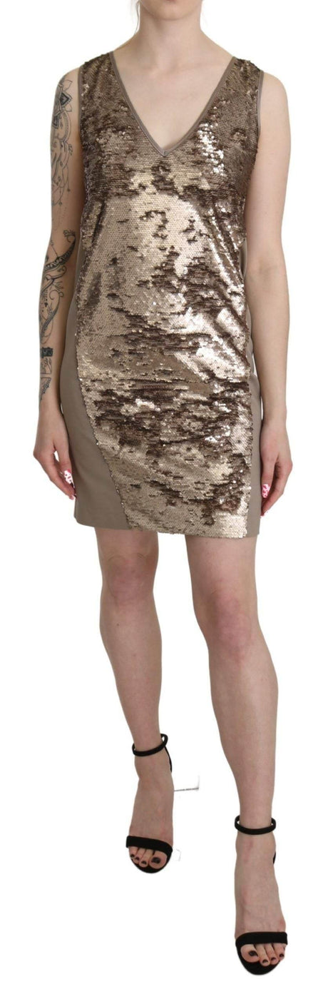 Liu Jo Brown Sequined V-neck Sleeveless Sheath Mini Dress - Hilstor
