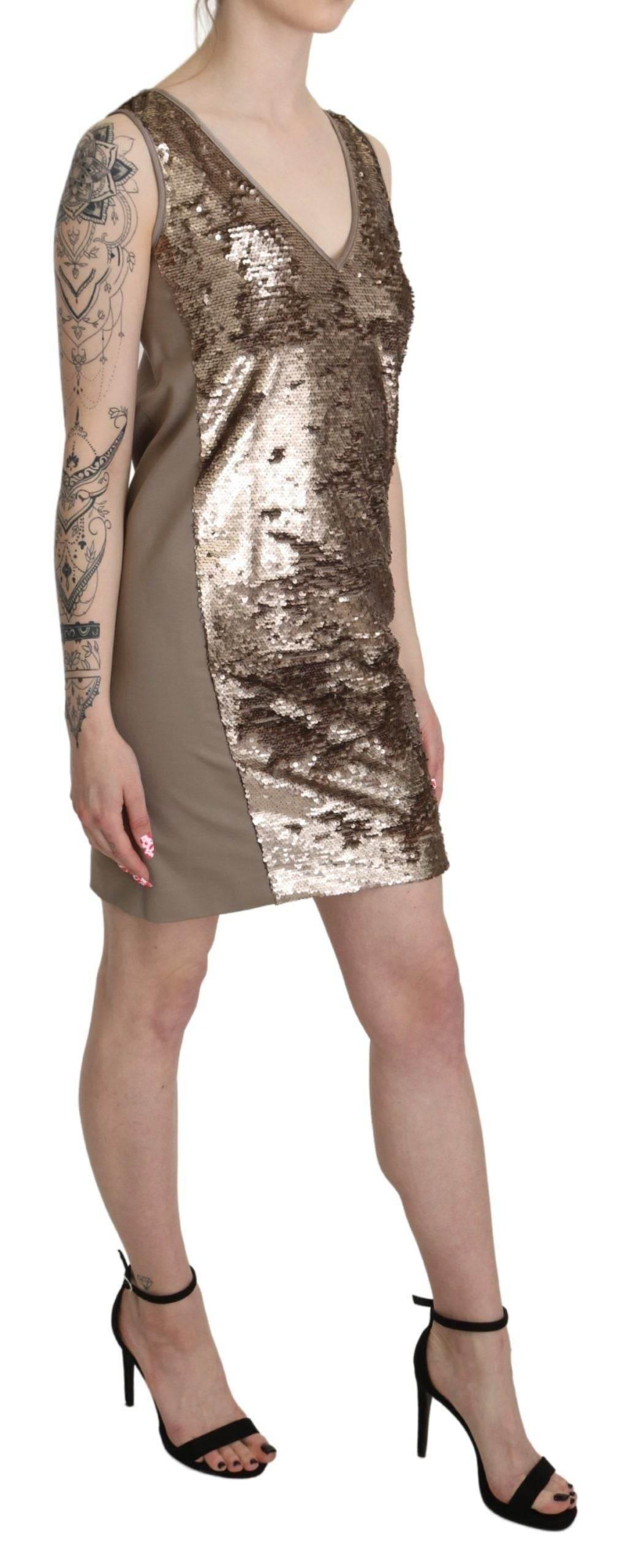 Liu Jo Brown Sequined V-neck Sleeveless Sheath Mini Dress - Hilstor