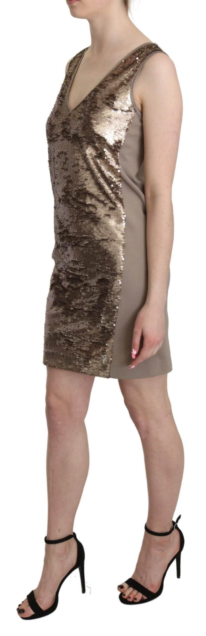 Liu Jo Brown Sequined V-neck Sleeveless Sheath Mini Dress - Hilstor
