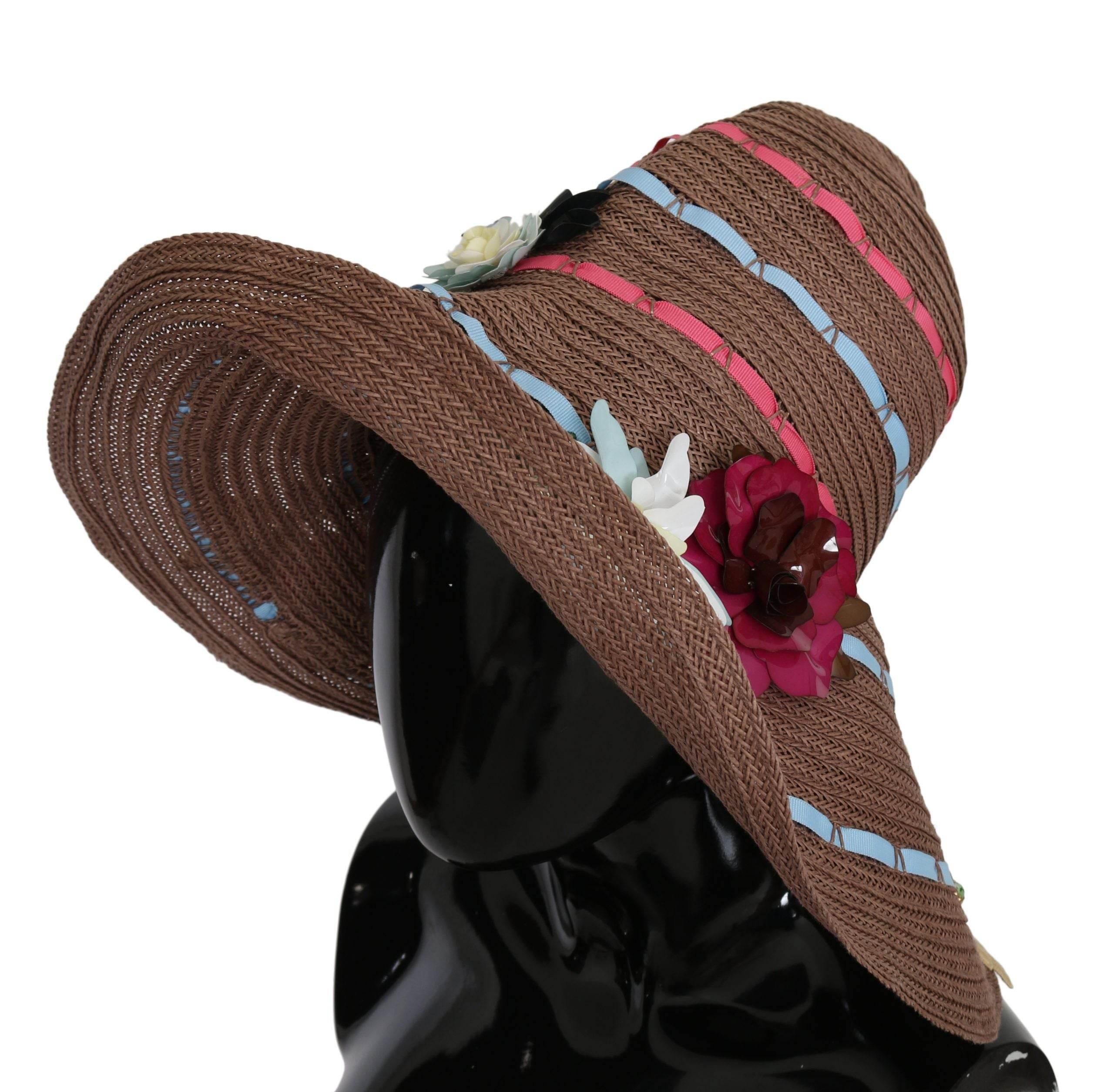Dolce & Gabbana Brown Floral Wide Brim Straw Floppy Cap Hat - Hilstor