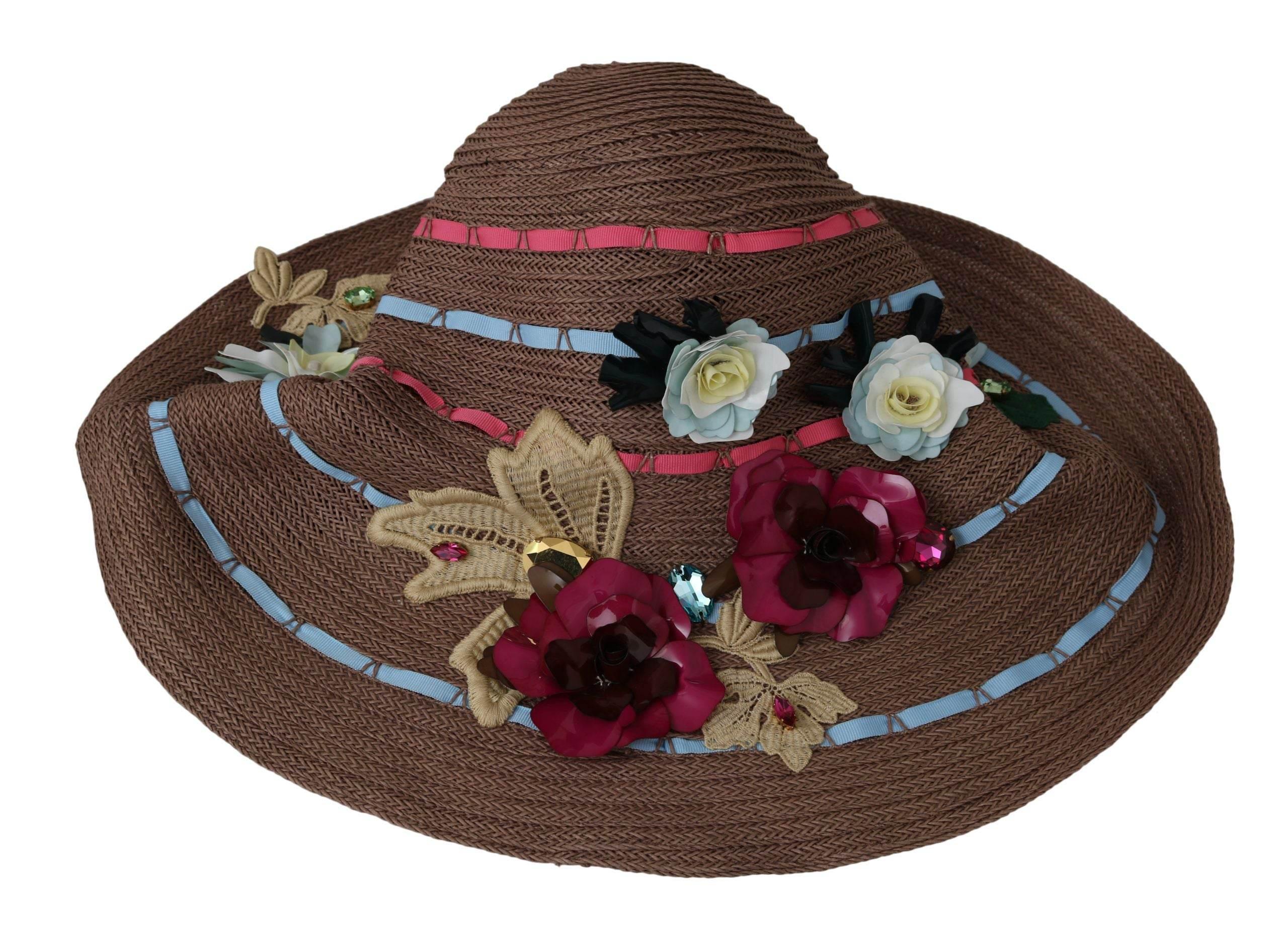 Dolce & Gabbana Brown Floral Wide Brim Straw Floppy Cap Hat - Hilstor