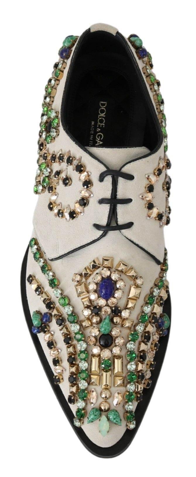 Dolce & Gabbana Elegant White Suede Dress Flats with Crystals - Hilstor