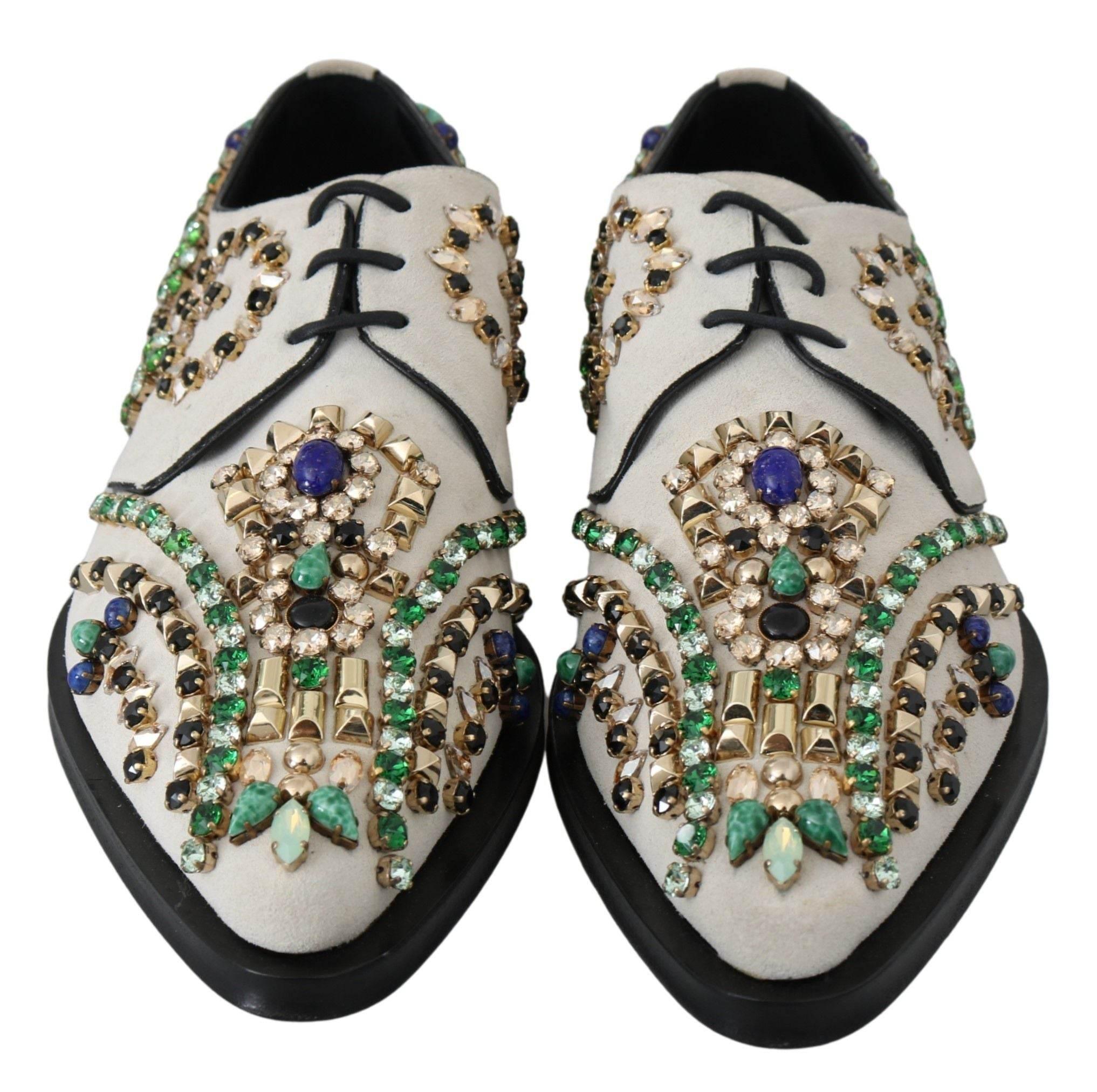 Dolce & Gabbana Elegant White Suede Dress Flats with Crystals - Hilstor