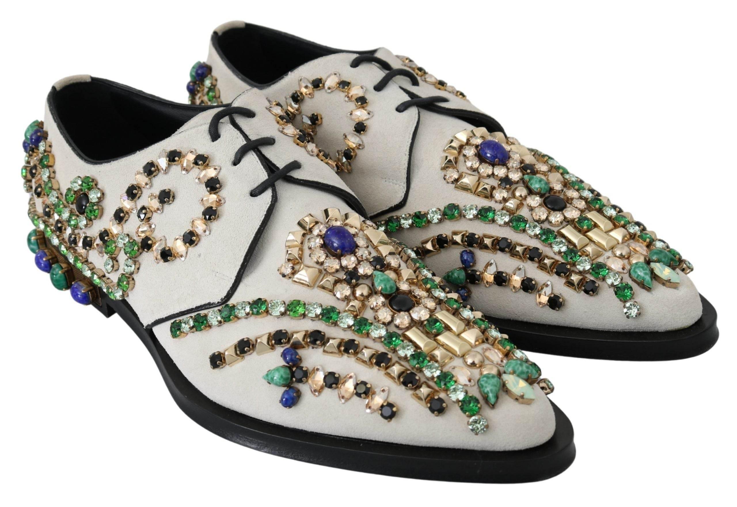 Dolce & Gabbana Elegant White Suede Dress Flats with Crystals - Hilstor