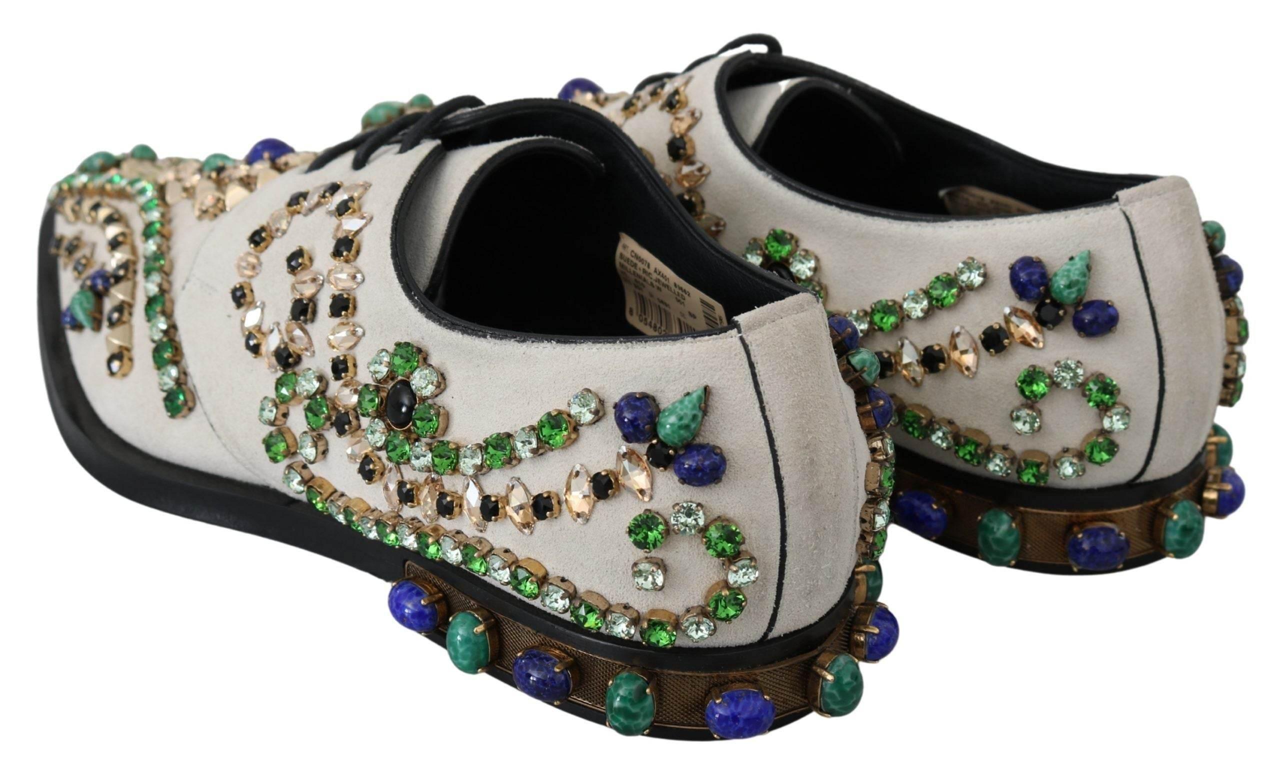 Dolce & Gabbana Elegant White Suede Dress Flats with Crystals - Hilstor