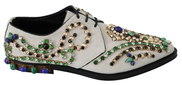 Dolce & Gabbana Elegant White Suede Dress Flats with Crystals - Hilstor