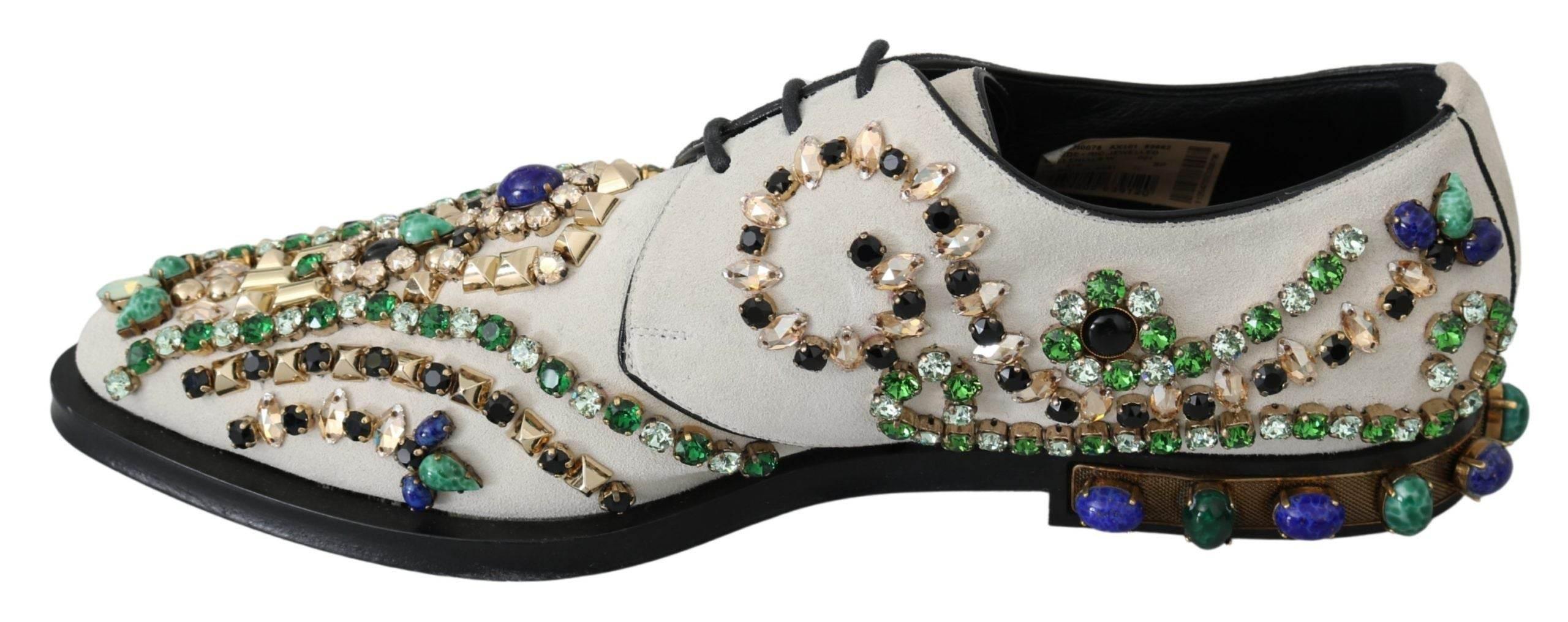 Dolce & Gabbana Elegant White Suede Dress Flats with Crystals - Hilstor