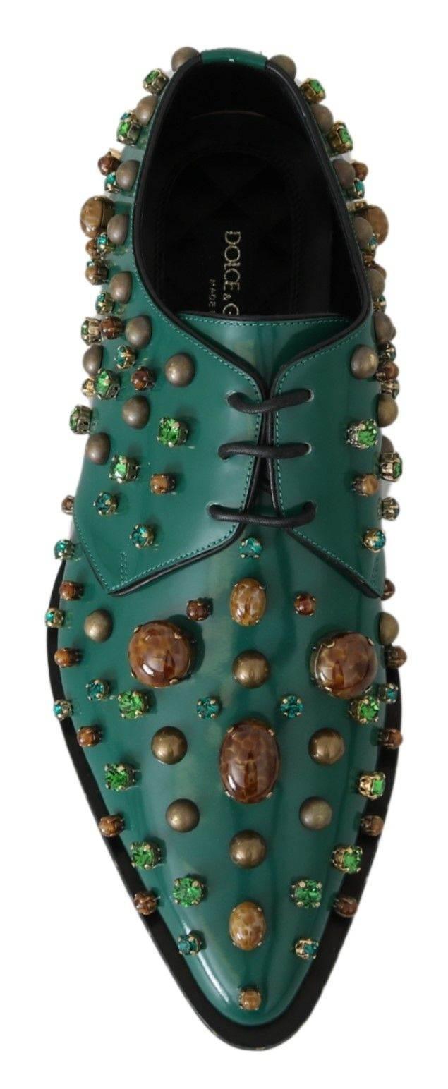 Dolce & Gabbana Emerald Leather Dress Shoes with Crystal Accents - Hilstor