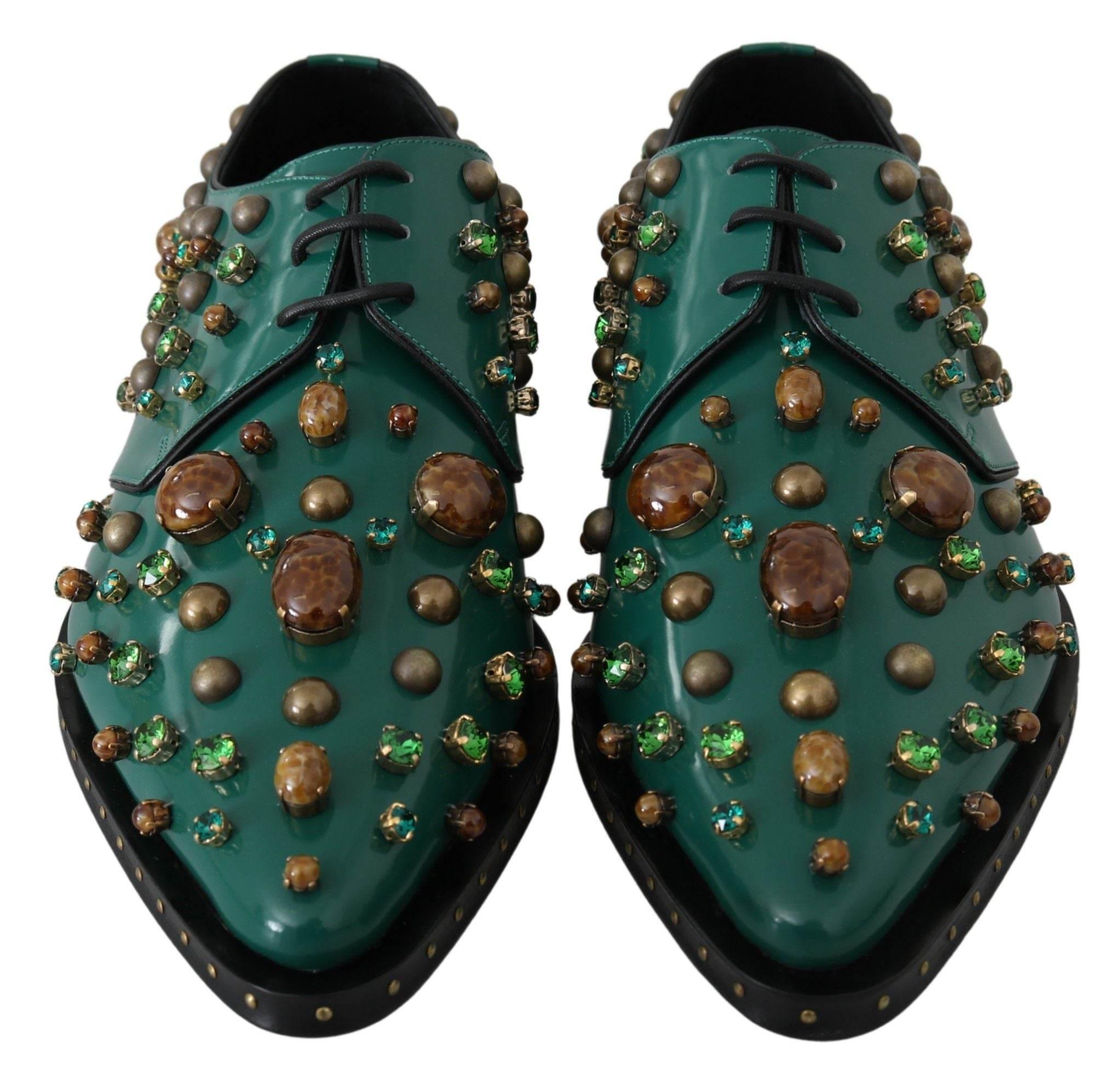 Dolce & Gabbana Emerald Leather Dress Shoes with Crystal Accents - Hilstor