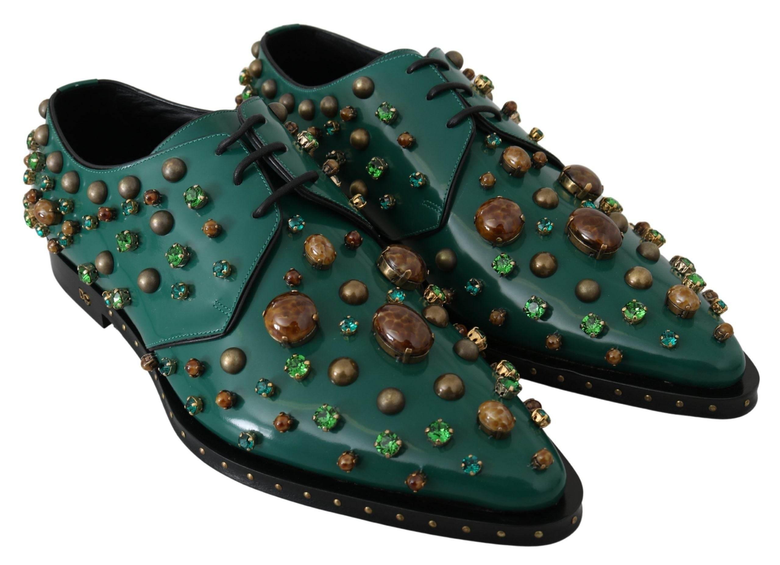 Dolce & Gabbana Emerald Leather Dress Shoes with Crystal Accents - Hilstor