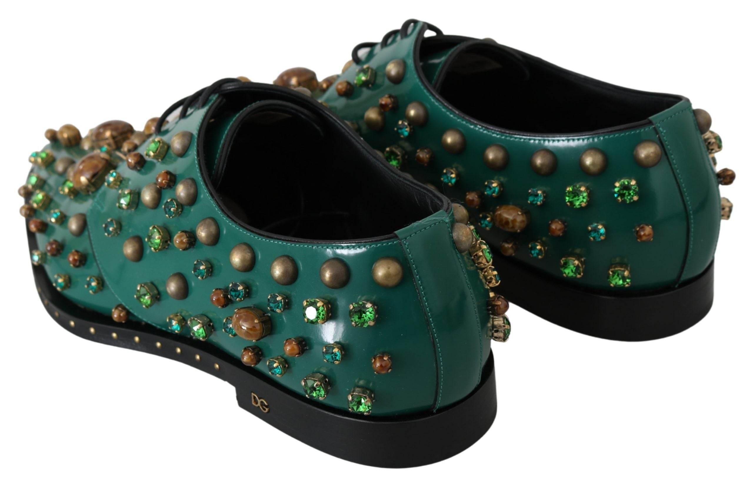 Dolce & Gabbana Emerald Leather Dress Shoes with Crystal Accents - Hilstor
