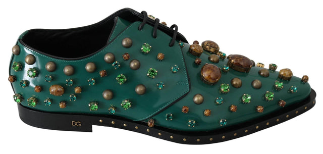 Dolce & Gabbana Emerald Leather Dress Shoes with Crystal Accents - Hilstor