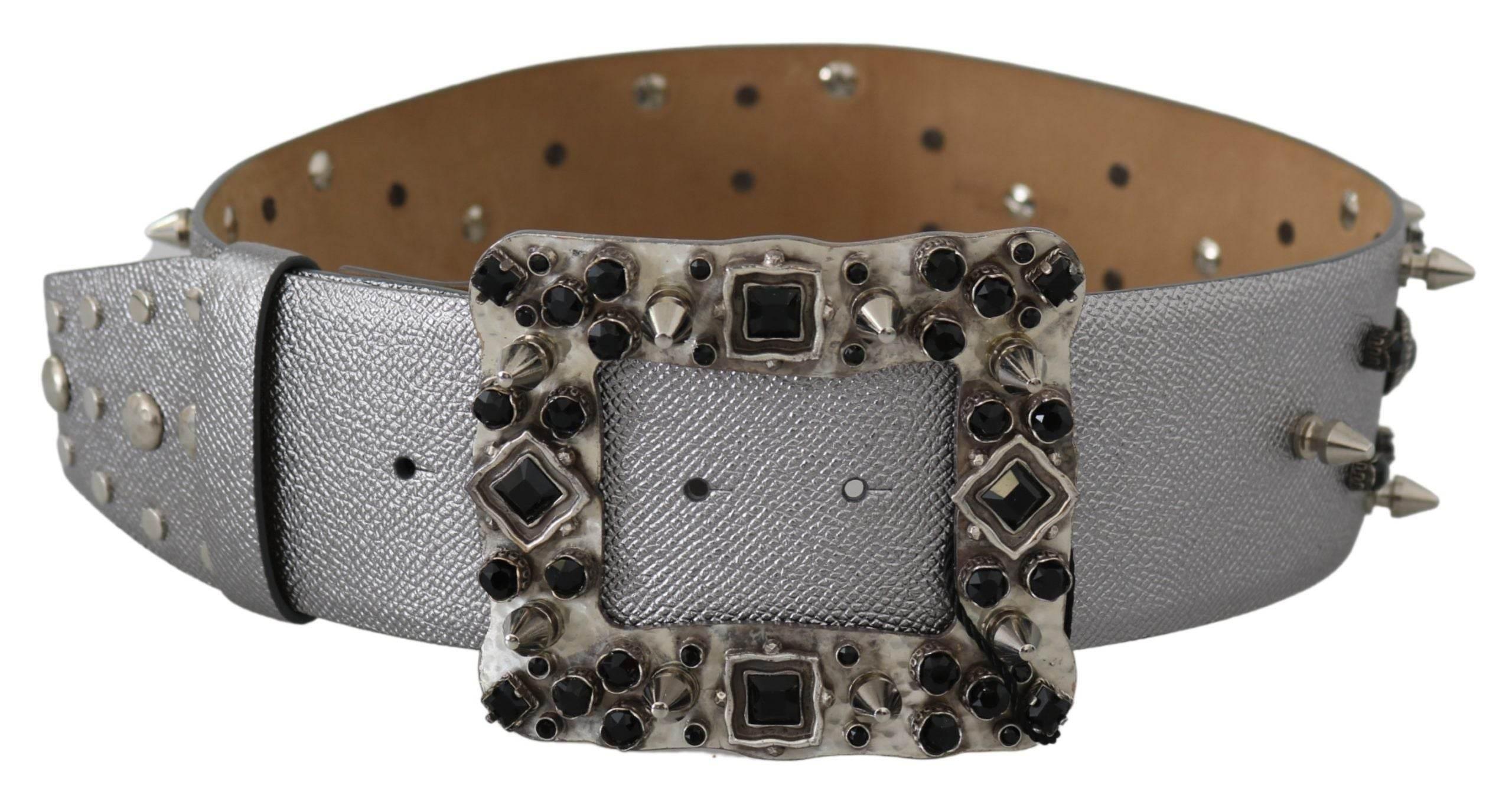 Dolce & Gabbana Stunning Silver Leather Crystal-Studded Belt - Hilstor