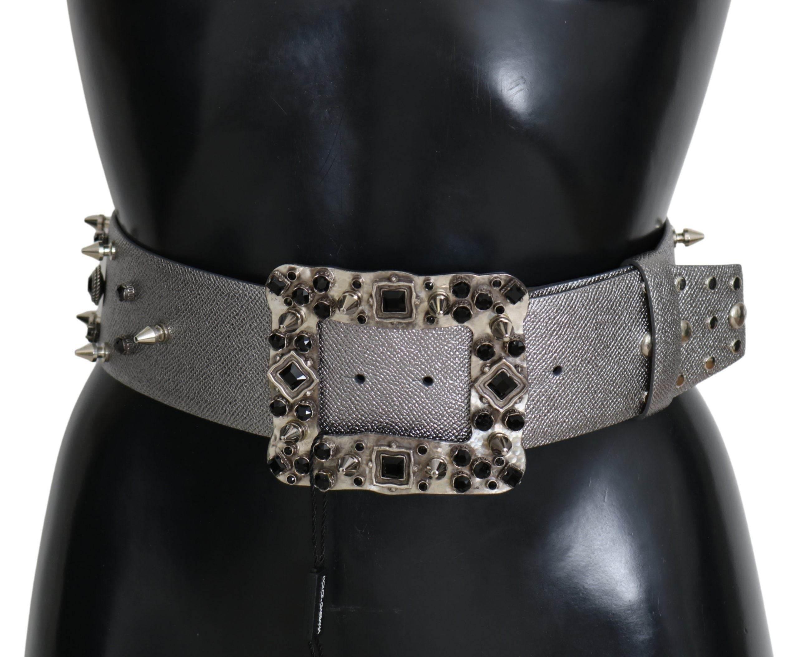 Dolce & Gabbana Stunning Silver Leather Crystal-Studded Belt - Hilstor