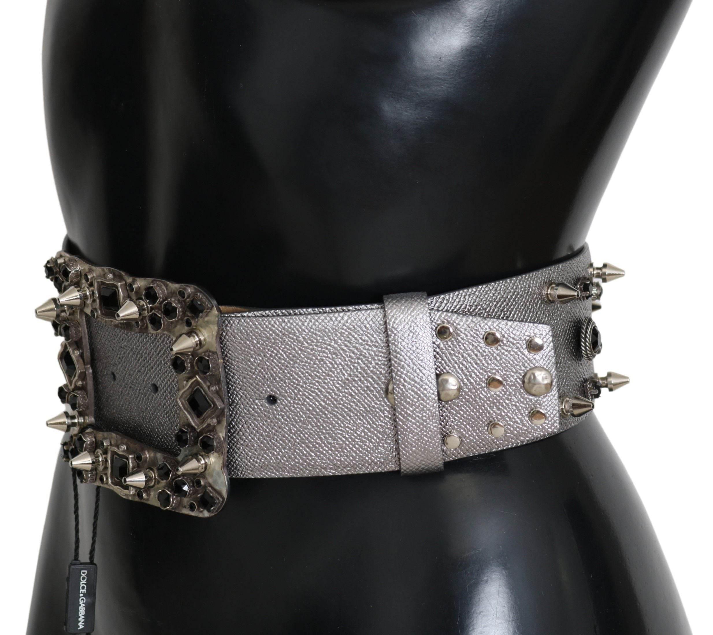 Dolce & Gabbana Stunning Silver Leather Crystal-Studded Belt - Hilstor