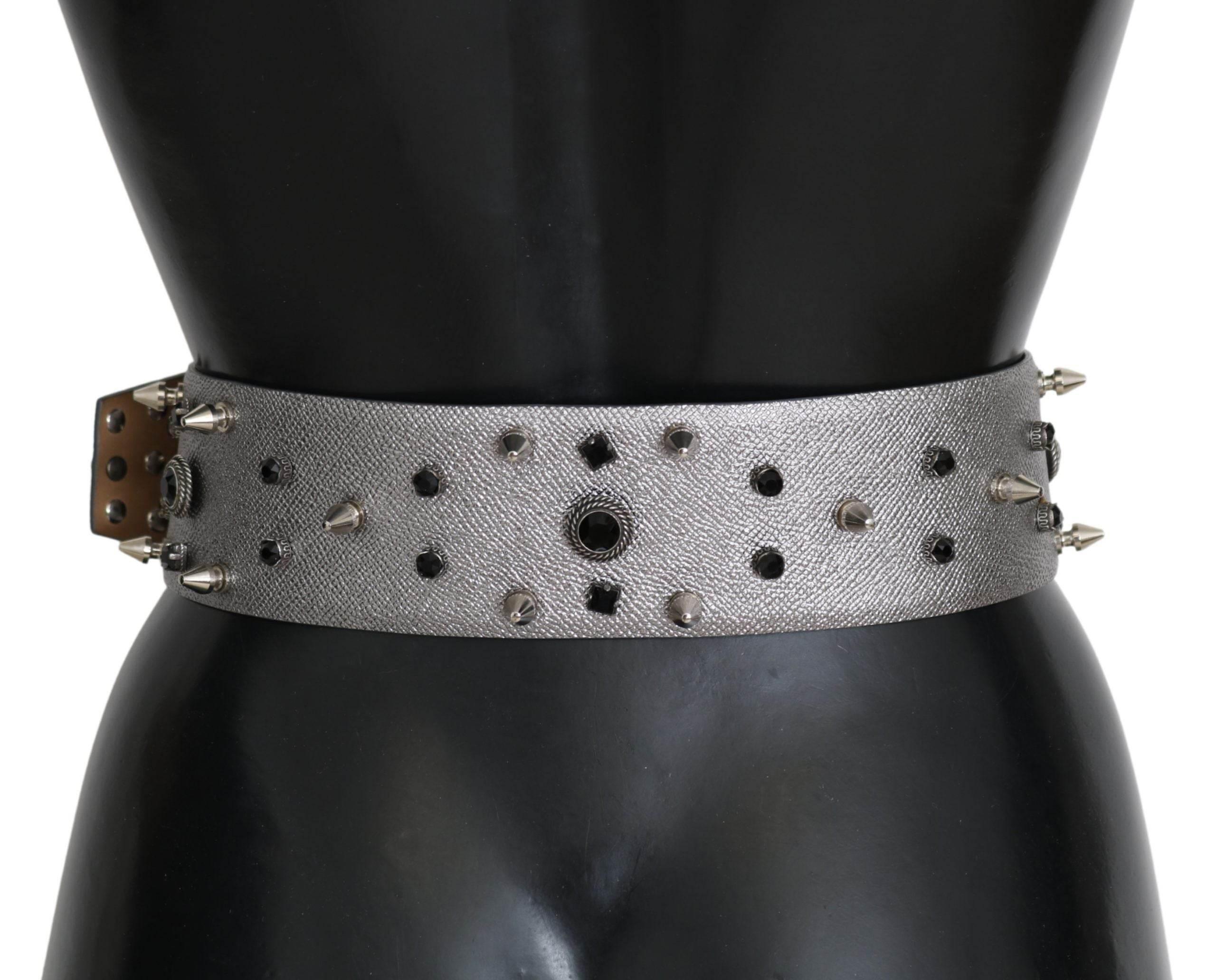 Dolce & Gabbana Stunning Silver Leather Crystal-Studded Belt - Hilstor