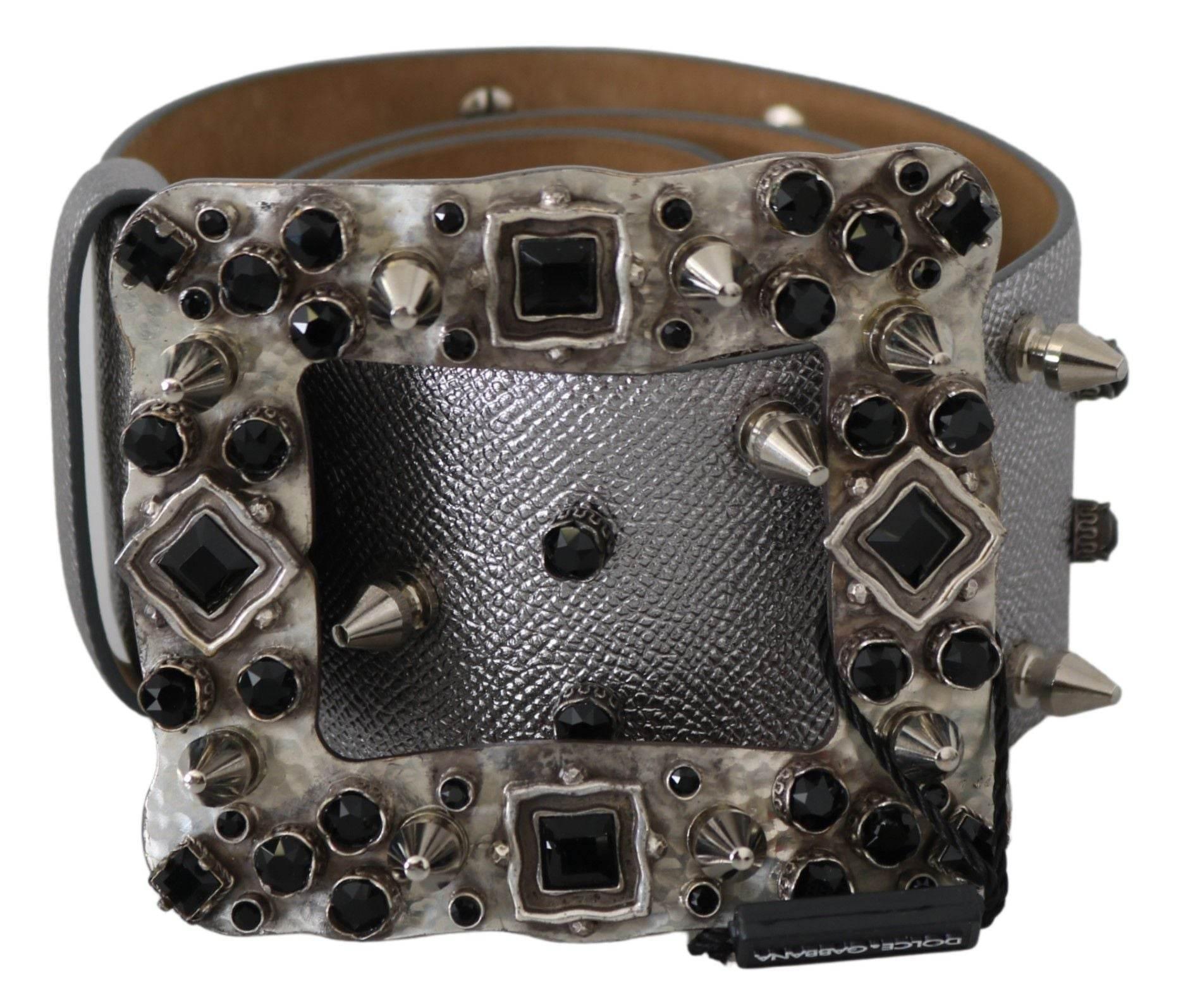 Dolce & Gabbana Stunning Silver Leather Crystal-Studded Belt - Hilstor