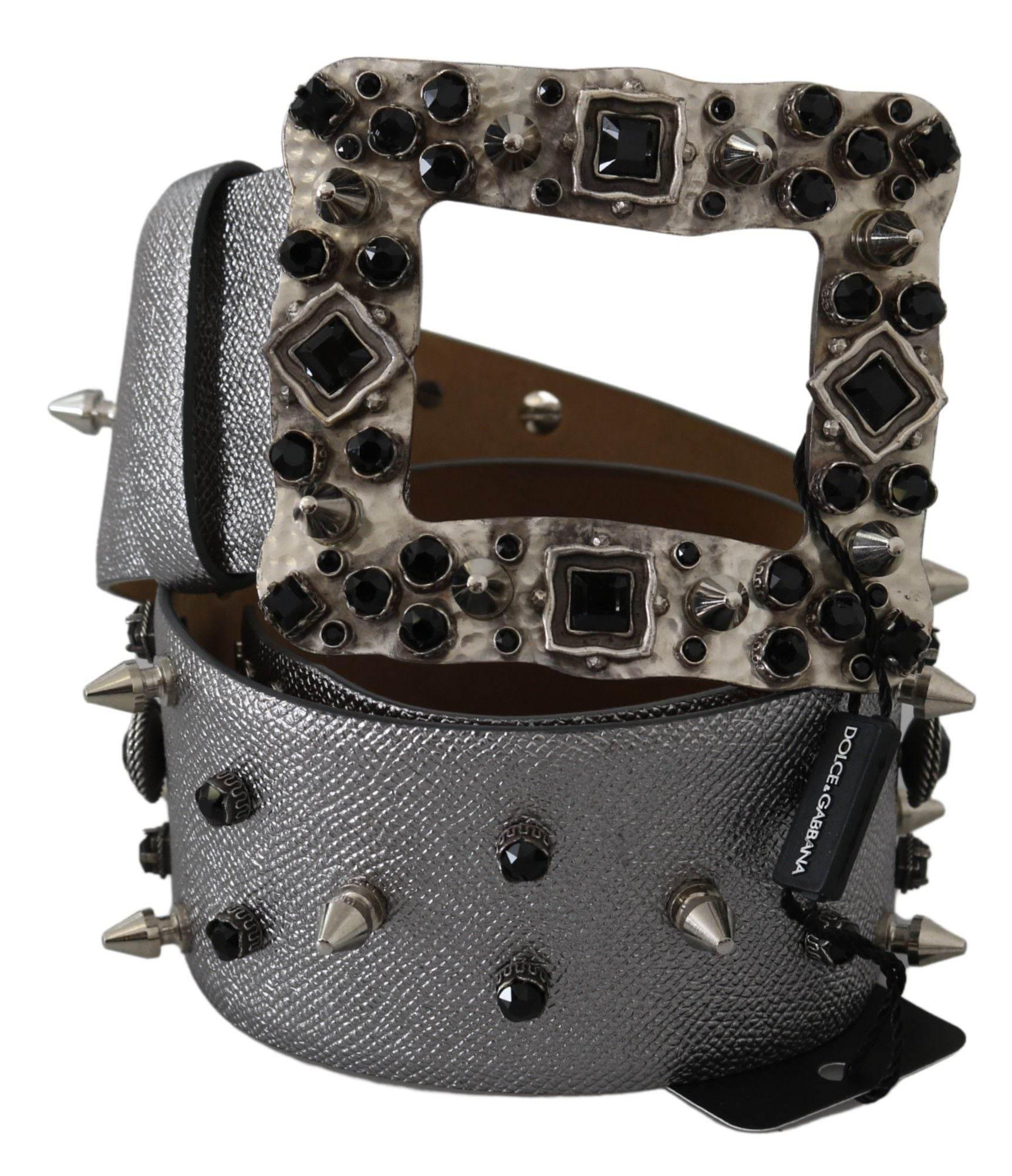 Dolce & Gabbana Stunning Silver Leather Crystal-Studded Belt - Hilstor