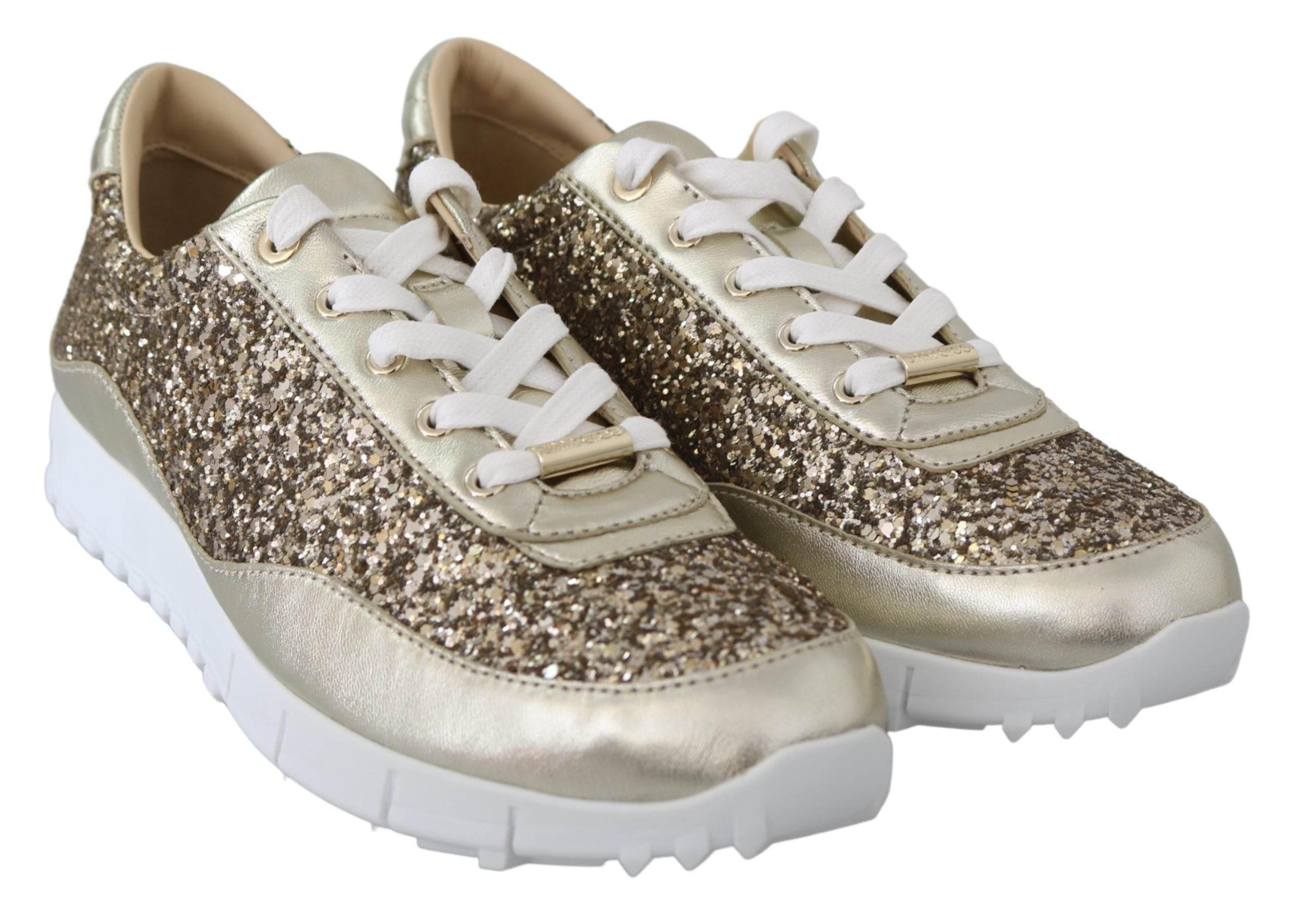 Jimmy Choo Antique Gold Glitter Leather Sneakers - Hilstor