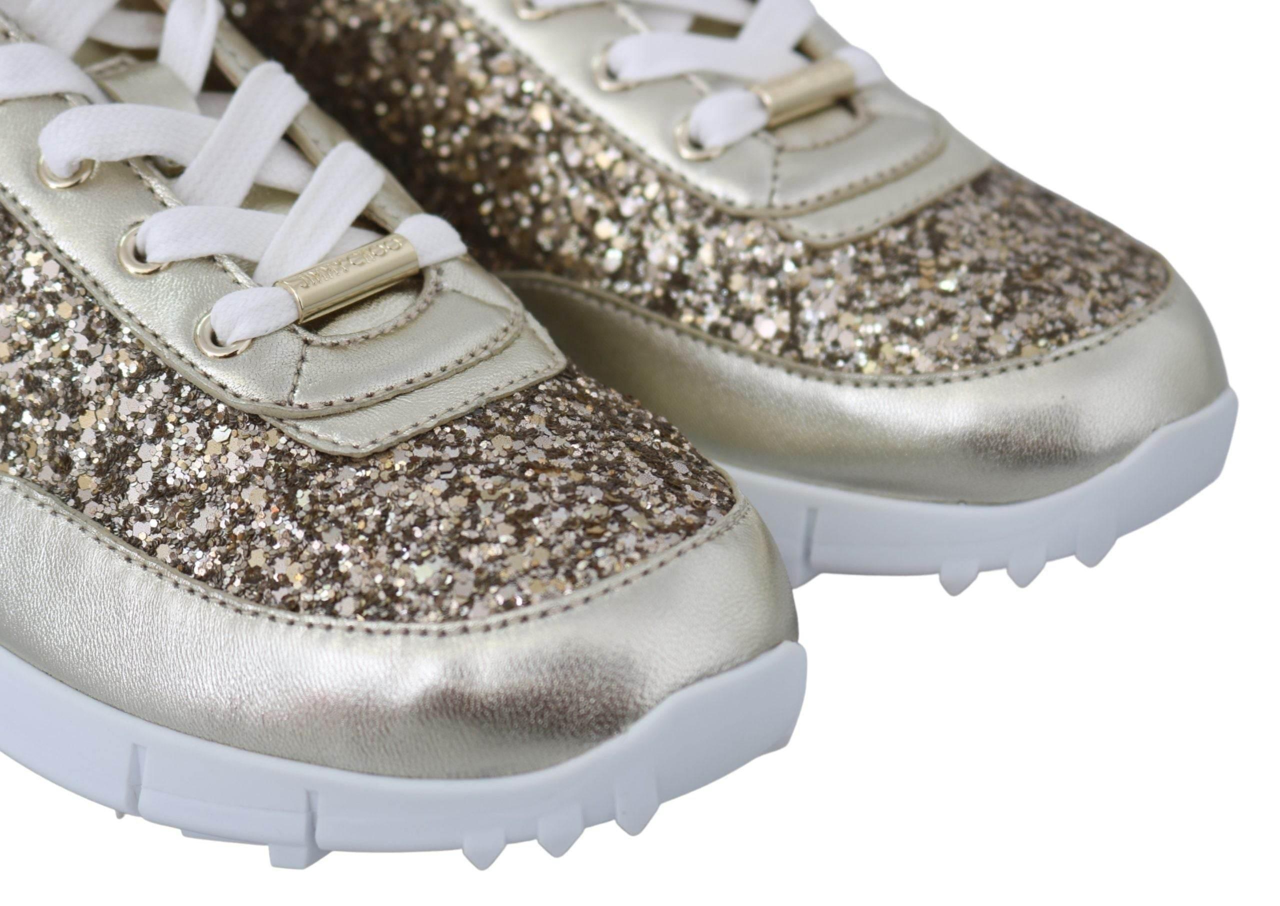 Jimmy Choo Antique Gold Glitter Leather Sneakers - Hilstor