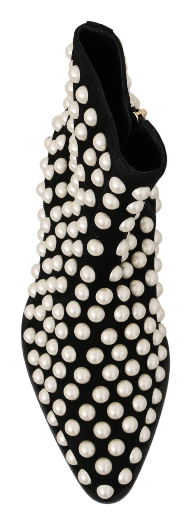 Dolce & Gabbana Chic Black Suede Ankle Boots with Pearls - Hilstor