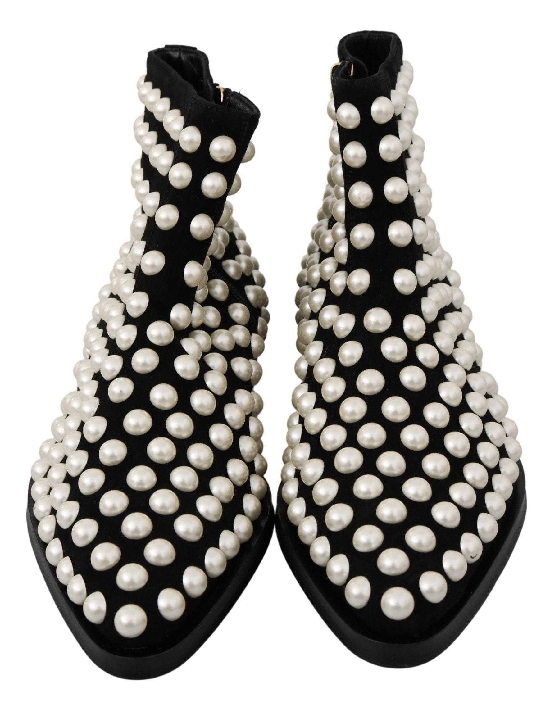 Dolce & Gabbana Chic Black Suede Ankle Boots with Pearls - Hilstor