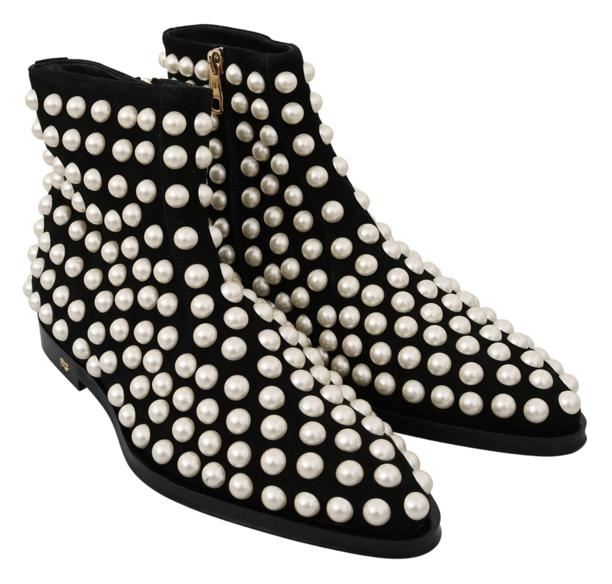 Dolce & Gabbana Chic Black Suede Ankle Boots with Pearls - Hilstor