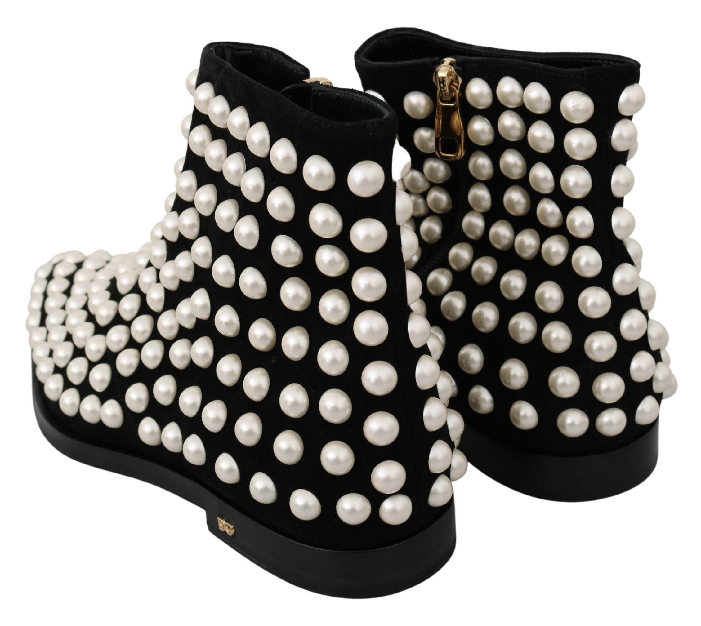 Dolce & Gabbana Chic Black Suede Ankle Boots with Pearls - Hilstor
