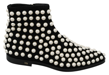 Dolce & Gabbana Chic Black Suede Ankle Boots with Pearls - Hilstor