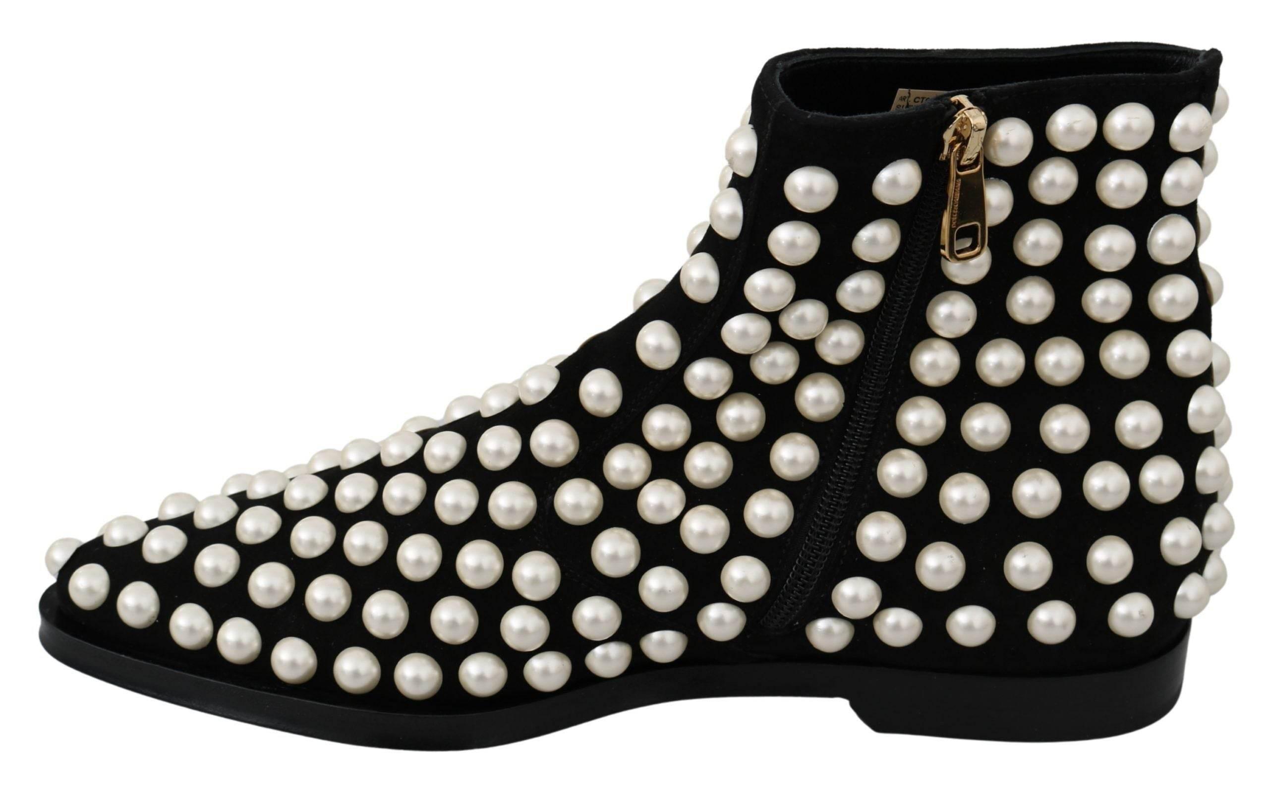 Dolce & Gabbana Chic Black Suede Ankle Boots with Pearls - Hilstor