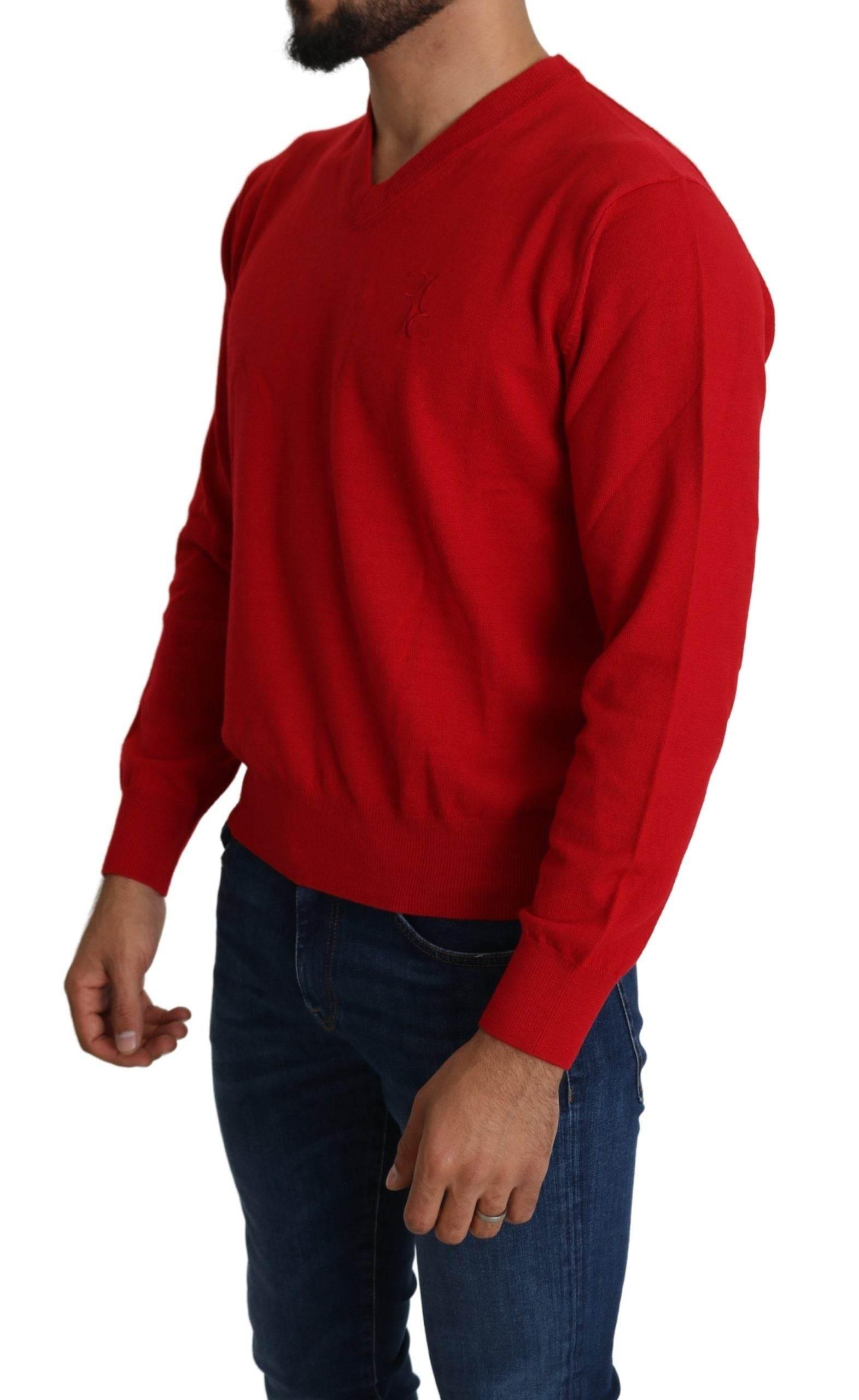 Billionaire Italian Couture Red V-neck Wool Sweatshirt Pullover Sweater - Hilstor