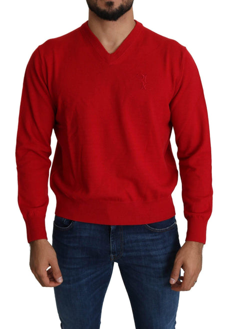 Billionaire Italian Couture Red V-neck Wool Sweatshirt Pullover Sweater - Hilstor