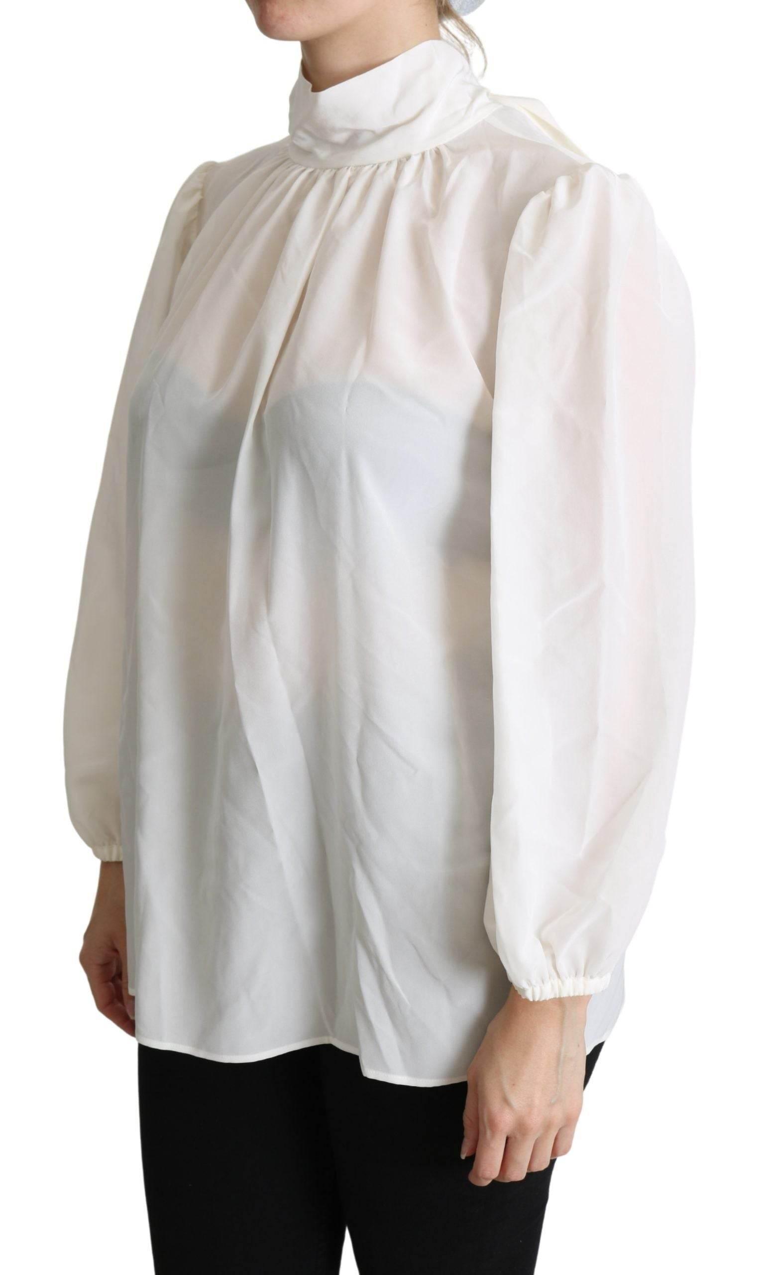 Dolce & Gabbana White Silk Pussy Bow Long Sleeved Top Blouse - Hilstor
