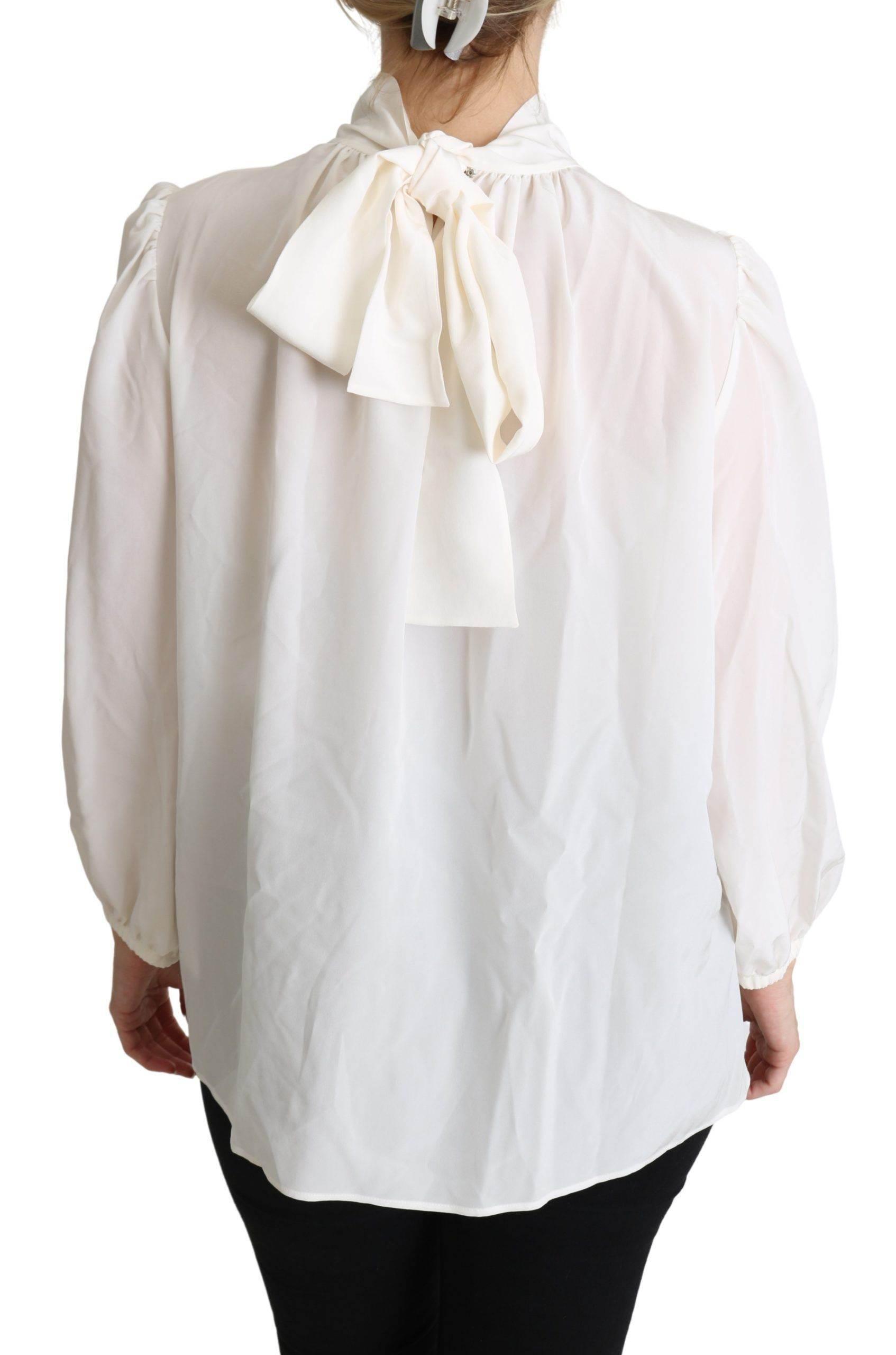 Dolce & Gabbana White Silk Pussy Bow Long Sleeved Top Blouse - Hilstor
