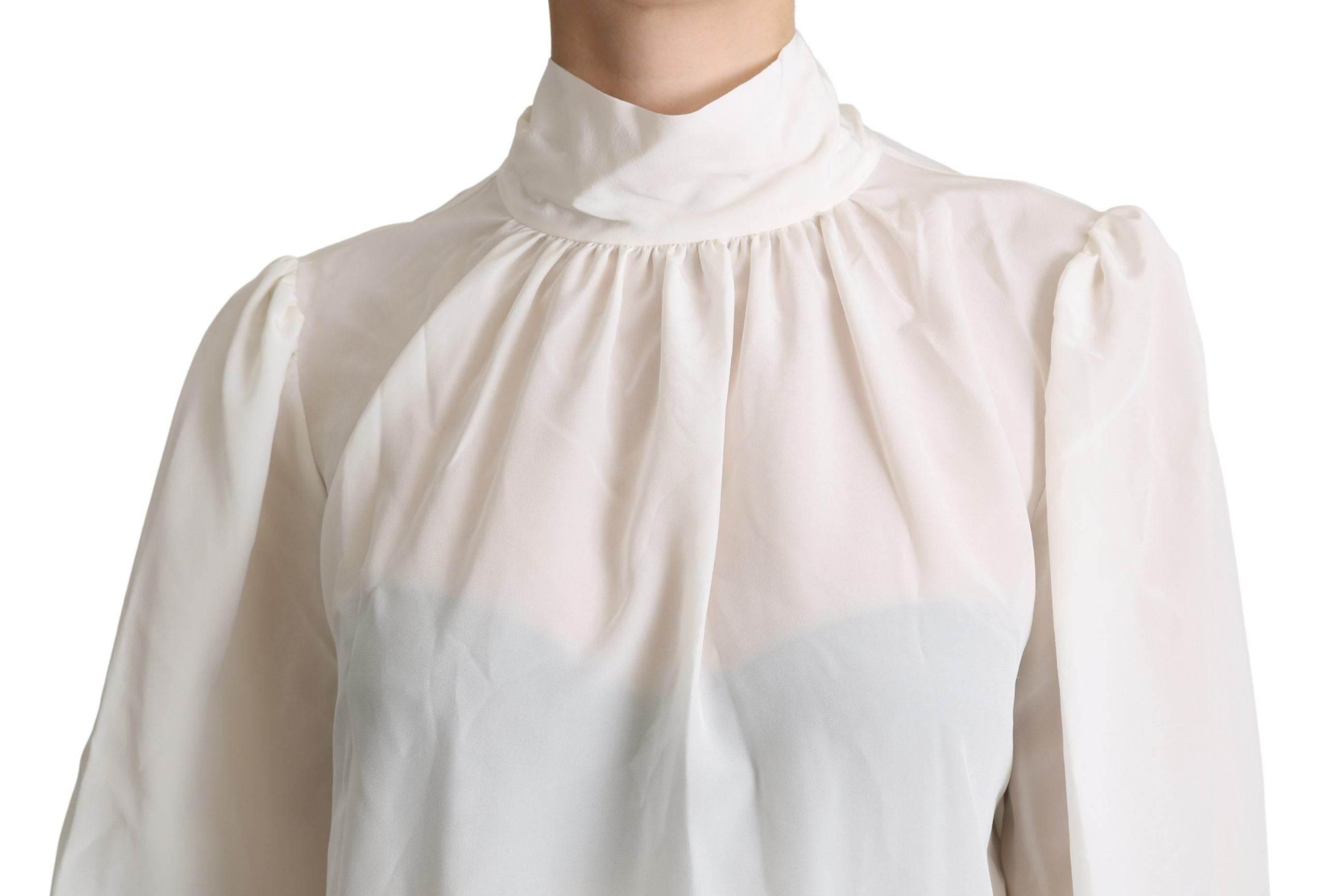 Dolce & Gabbana White Silk Pussy Bow Long Sleeved Top Blouse - Hilstor