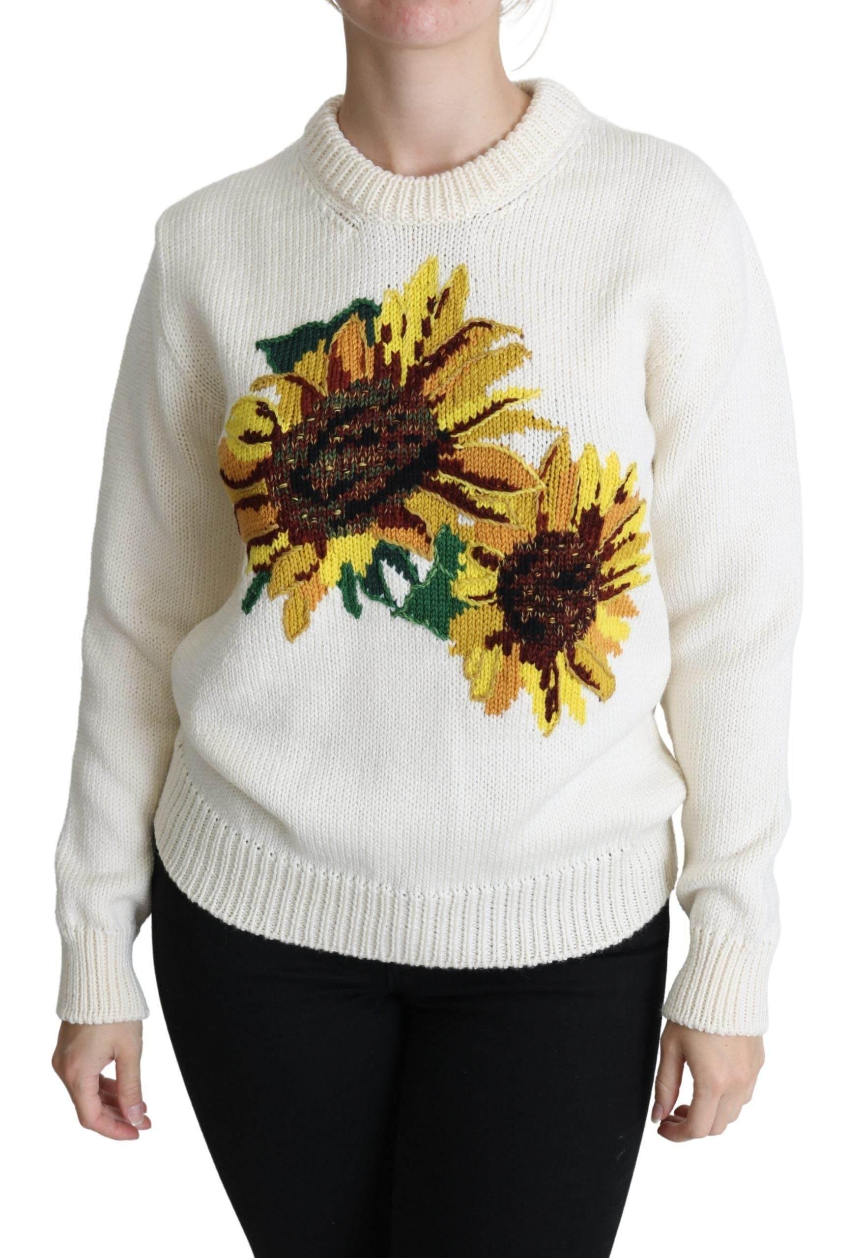 Dolce & Gabbana White Floral Wool Pullover Sunflower Sweater - Hilstor
