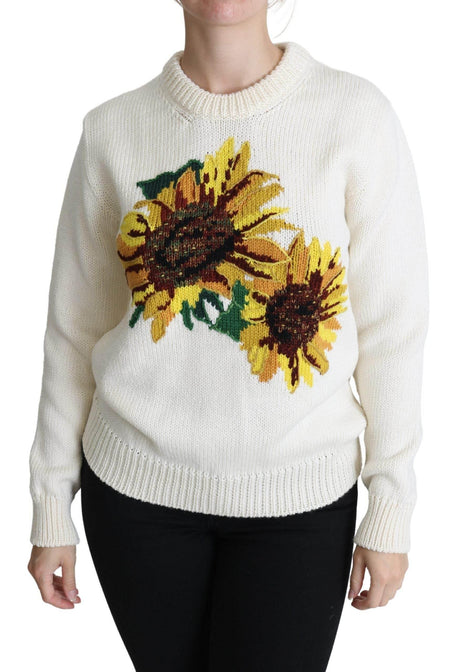 Dolce & Gabbana White Floral Wool Pullover Sunflower Sweater - Hilstor