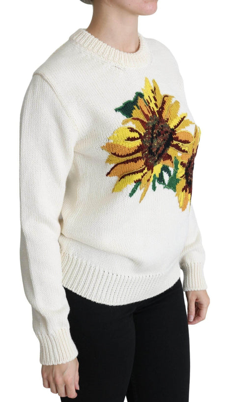 Dolce & Gabbana White Floral Wool Pullover Sunflower Sweater - Hilstor