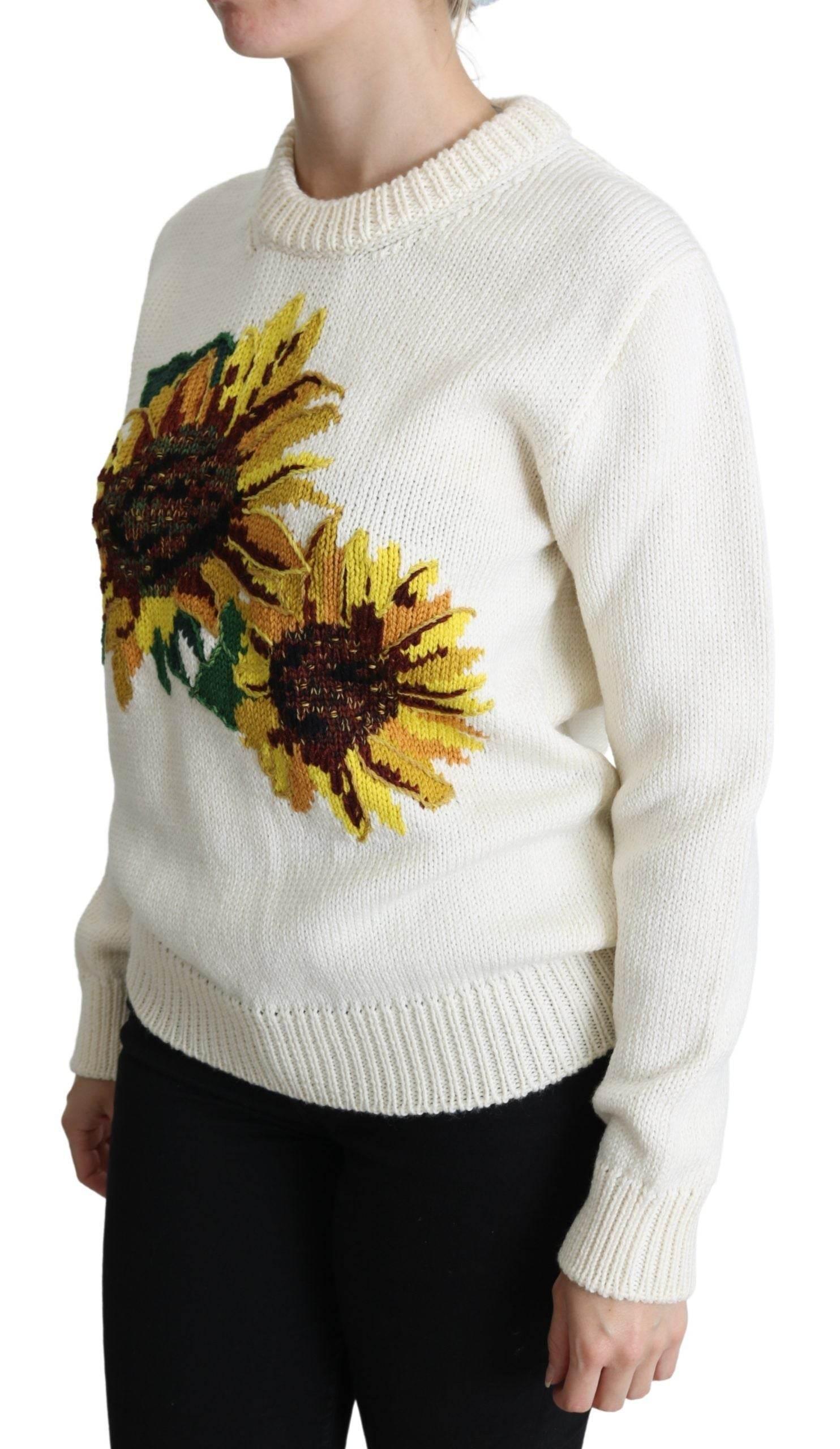 Dolce & Gabbana White Floral Wool Pullover Sunflower Sweater - Hilstor