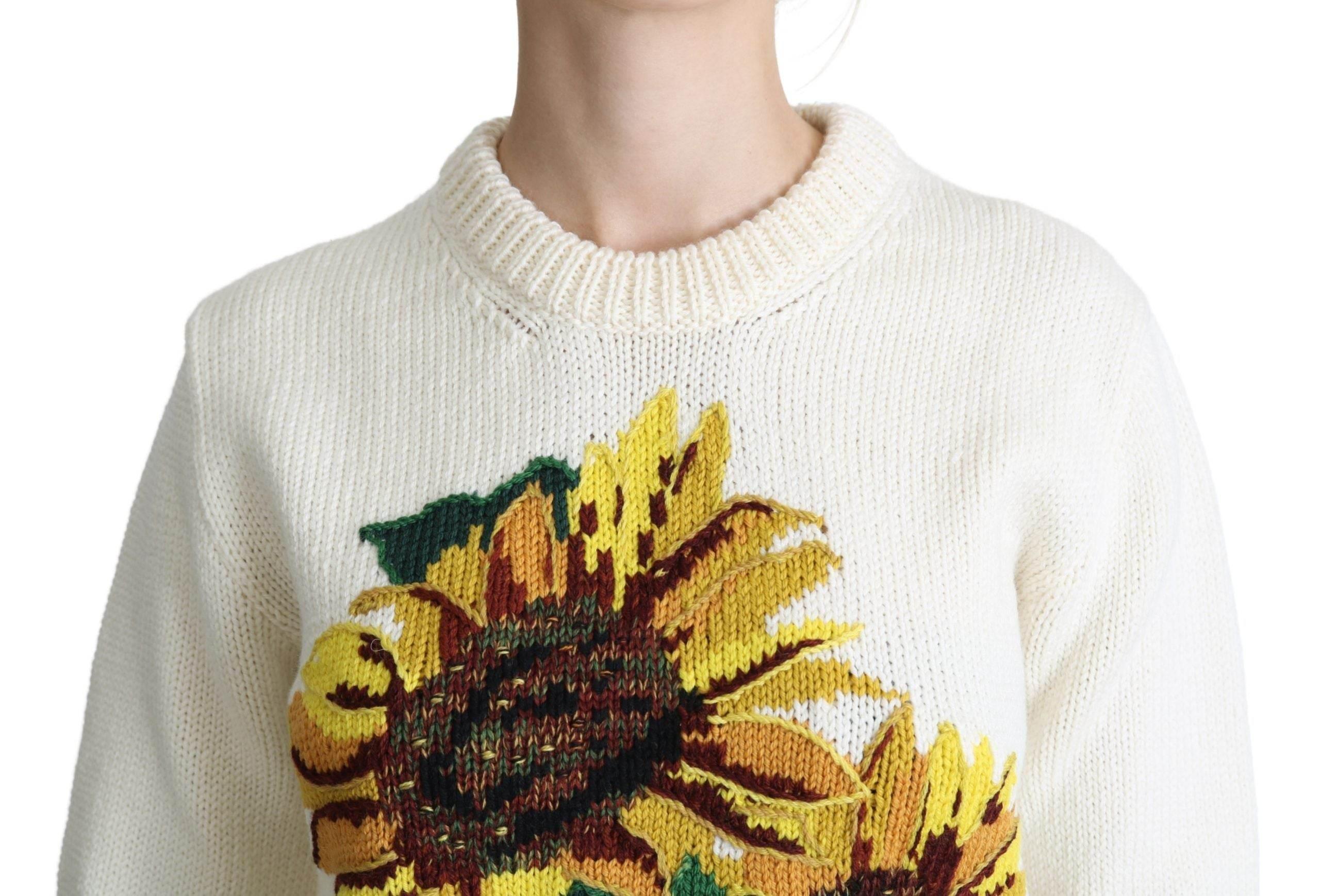 Dolce & Gabbana White Floral Wool Pullover Sunflower Sweater - Hilstor