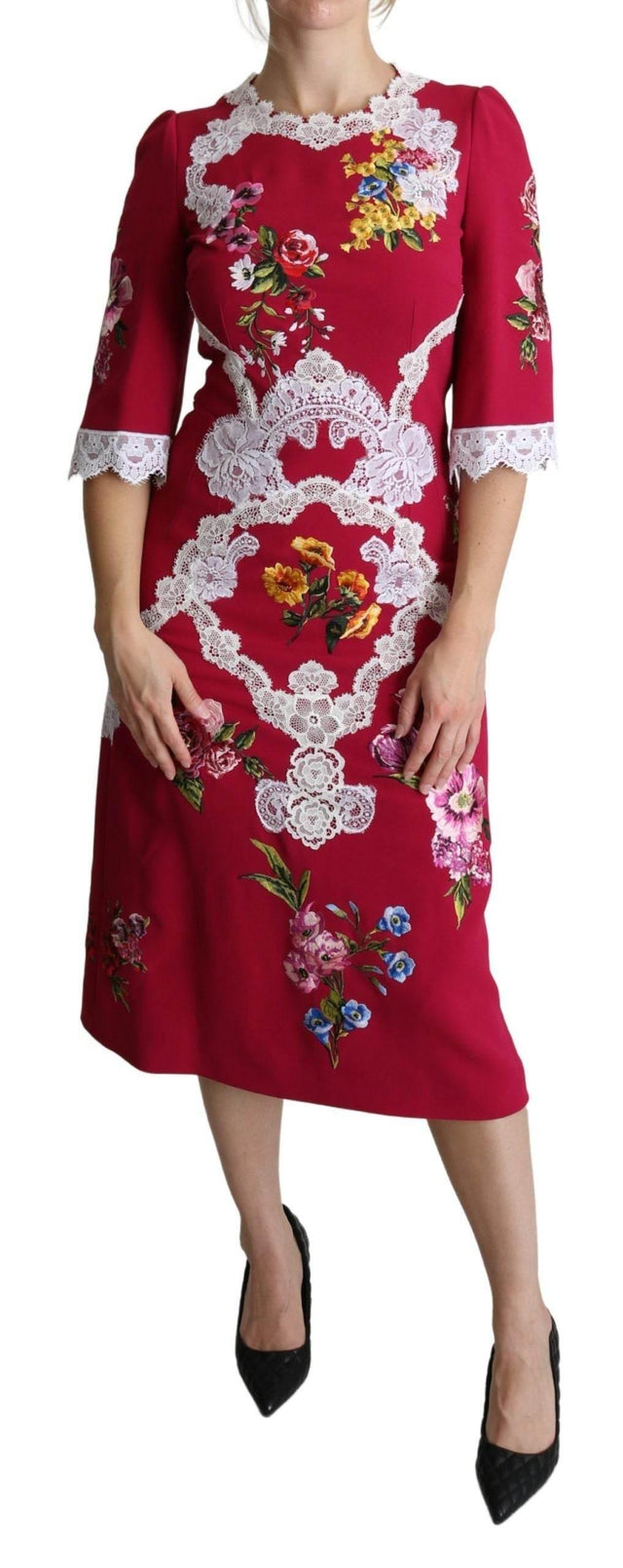 Dolce & Gabbana Floral Embroidered Sheath Midi Dress - Hilstor