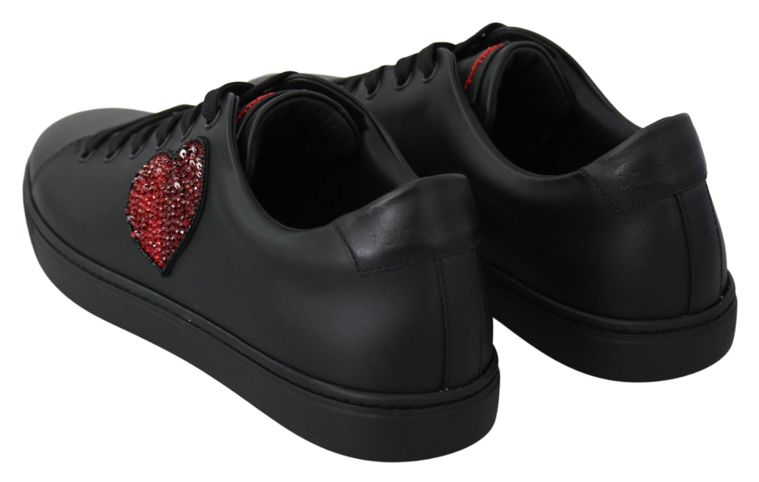 Dolce & Gabbana Black Leather Love Heart Sneakers Womens Shoes - Hilstor