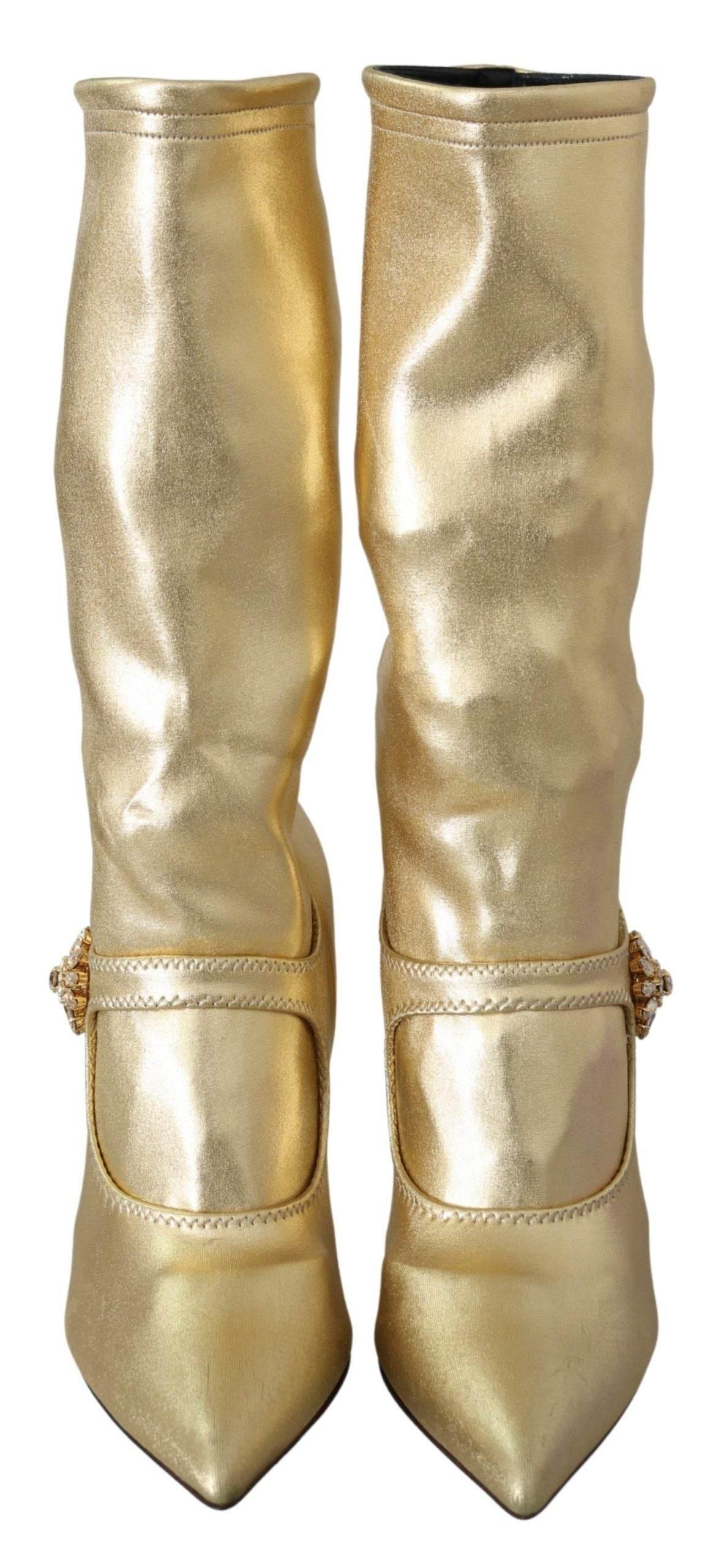 Dolce & Gabbana Elegant Gold Ankle Boots Socks with Rhinestones - Hilstor