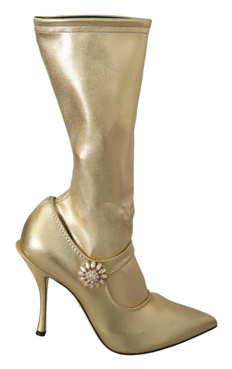 Dolce & Gabbana Elegant Gold Ankle Boots Socks with Rhinestones - Hilstor