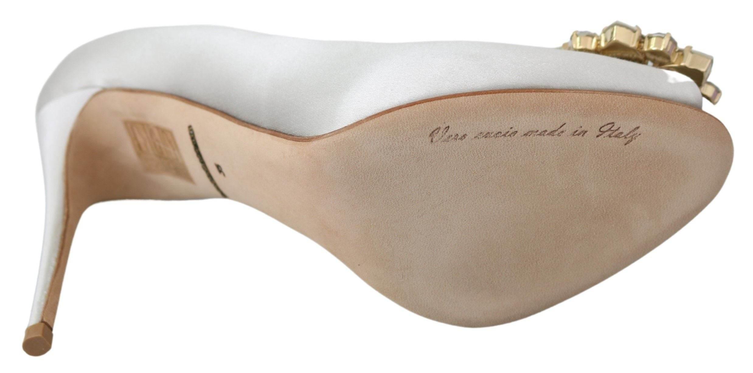 Dolce & Gabbana White Crystal Peep Toe Silk Blend Heels - Hilstor