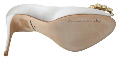 Dolce & Gabbana White Crystal Peep Toe Silk Blend Heels - Hilstor
