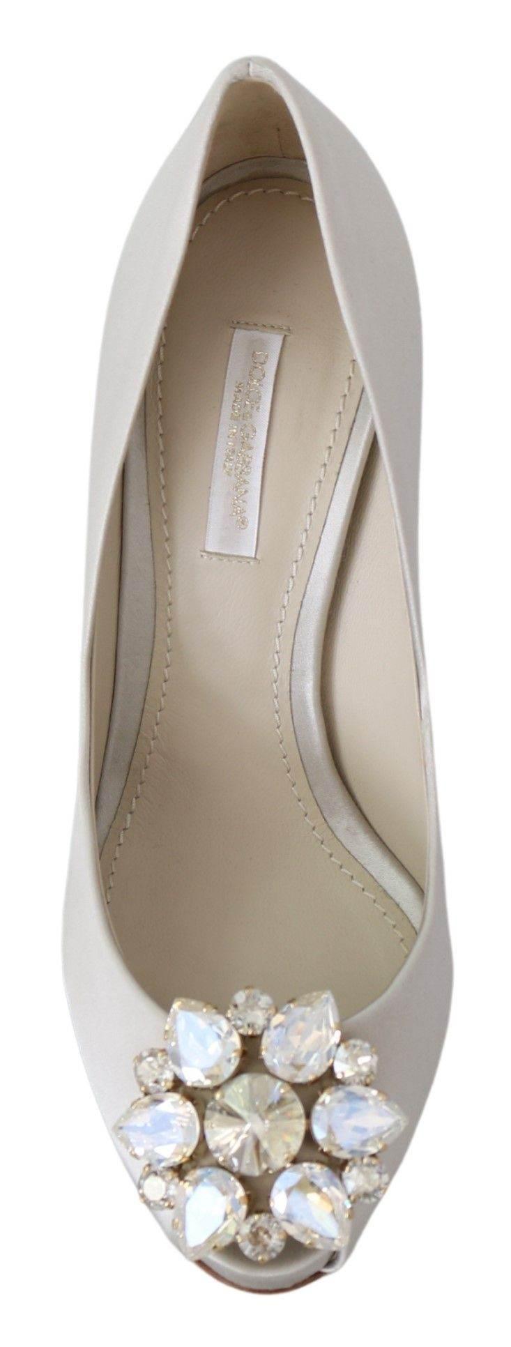 Dolce & Gabbana White Crystal Peep Toe Silk Blend Heels - Hilstor