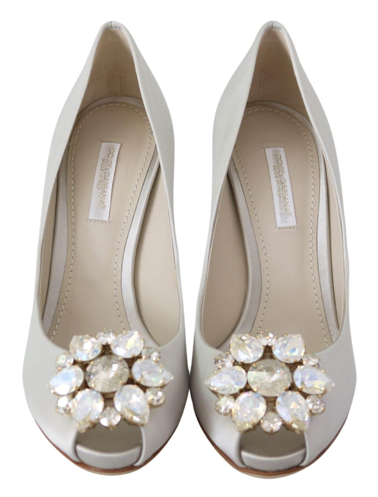 Dolce & Gabbana White Crystal Peep Toe Silk Blend Heels - Hilstor